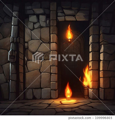 Entrance and flame illustration inside cobblestone dungeon 109996803