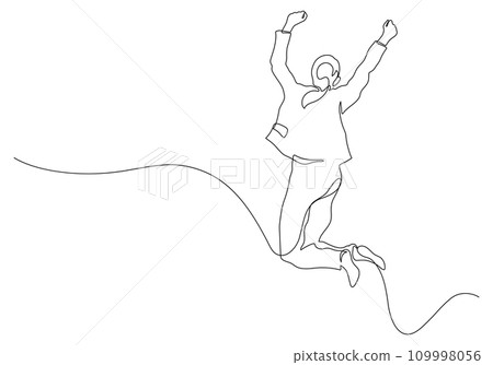 happy business woman jumping successful celebrating triumph hands up continuous line drawing 109998056