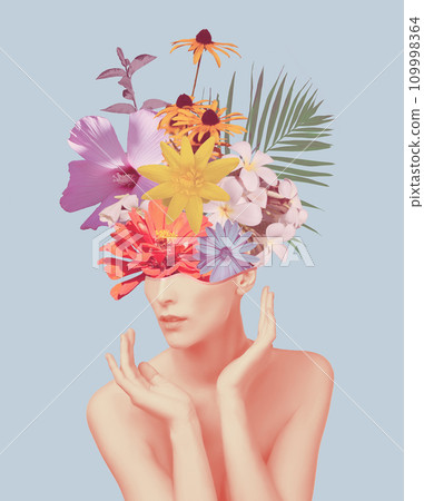 Abstract contemporary art design or portrait of young woman with flowers on face hides her eyes Abstract contemporary art design or portrait of young woman with flowers on face hides her eyes 109998364