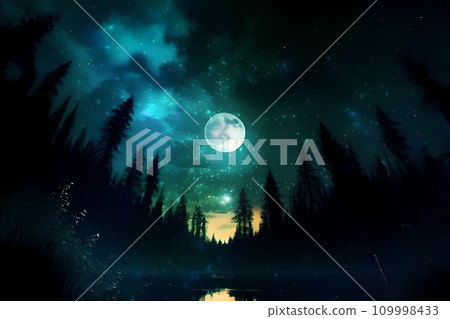 Beautiful fantastic starry moonlit night and forest silhouette illustration 109998433