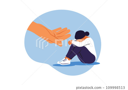Psychotherapy, counseling and psychological support concept. Girl feeling anxiety and loneliness. Helping hand. Vector illustration. 109998513