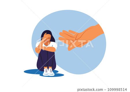Human hand helps depression girl hugging knees. Psychotherapy, counseling and psychological support concept. Vector illustration. Human hand helps depression girl hugging knees. Psychotherapy, counseling and psychological support concept. Vector illustration. 109998514