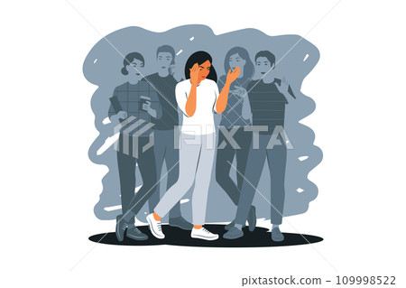 Depression and apathy concept. Emotional burnout. Unhappy woman in crowd feel lonely abandoned in society. Vector illustration. Depression and apathy concept. Emotional burnout. Unhappy woman in crowd feel lonely abandoned in society. Vector illustration. 109998522