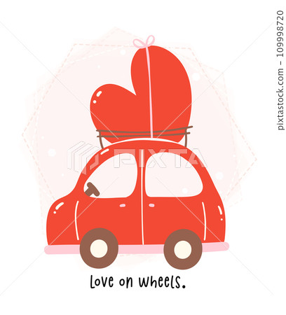 Heartwarming Valentine Cartoon. Cute Kawaii Car in Red and Pink Theme with Heart in Flat Design. Heartwarming Valentine Cartoon. Cute Kawaii Car in Red and Pink Theme with Heart in Flat Design. 109998720