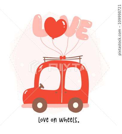 Heartwarming Valentine Cartoon. Cute Kawaii Car in Red and Pink Theme with Balloons, Heart, and Gift Box in Flat Design Heartwarming Valentine Cartoon. Cute Kawaii Car in Red and Pink Theme with Balloons, Heart, and Gift Box in Flat Design 109998721