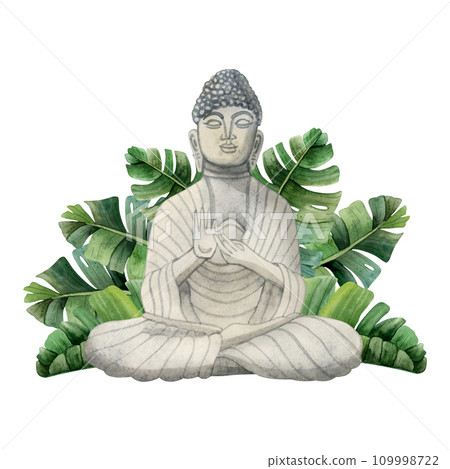 Meditating Buddha stone figurine with green tropical palm leaves watercolor illustration isolated on white background. Meditation and Buddhism for yoga and spa designs 109998722