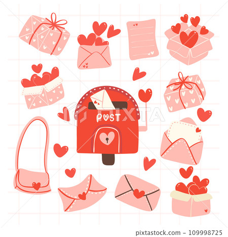 Valentine love Mail in Flat Design Cartoon hand drawn collection. Delivery hearts symbolic illustration. 109998725