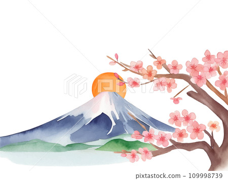 Watercolor illustration of Japan's Mt. Fuji, first sunrise (morning sun), and plum tree 109998739