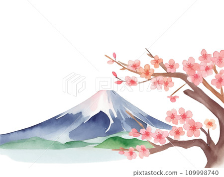 Watercolor illustration of Japan's Mt. Fuji and plum blossoms Watercolor illustration of Japan's Mt. Fuji and plum blossoms 109998740