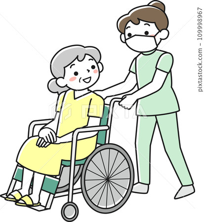 A female nurse pushing a wheelchair with a female patient in it 109998967
