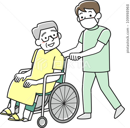 Male nurse pushing a wheelchair with a male patient in it 109998968