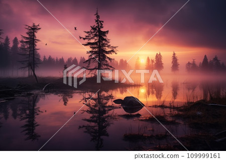 View of the lake at dusk by Generative AI 109999161