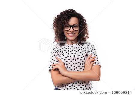 young stylish caucasian woman with curly perm hair looks happy and confident young stylish caucasian woman with curly perm hair looks happy and confident 109999814