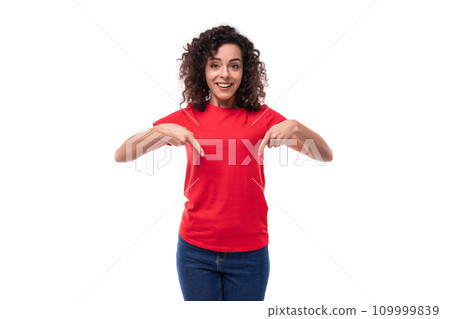 corporate clothing concept. young charming curly brunette woman dressed in red clothes on a white 109999839
