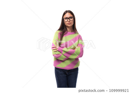 pretty 35 year old feminine model woman dressed in a striped pink-green sweater on a white pretty 35 year old feminine model woman dressed in a striped pink-green sweater on a white 109999921