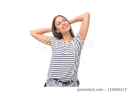 young happy brunette lady with straight hair in glasses is wearing a striped t-shirt on a white young happy brunette lady with straight hair in glasses is wearing a striped t-shirt on a white 110000217
