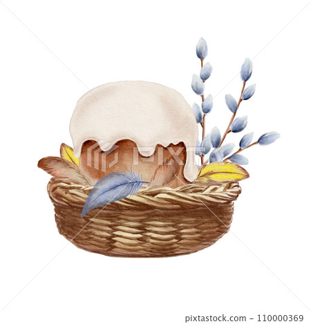 Easter set in watercolor. Wicker basket, Easter cake, feathers,a branch of fluffy willow. For stickers,kitchen textiles,greeting cards, package,wrapping paper. Easter set in watercolor. Wicker basket, Easter cake, feathers,a branch of fluffy willow. For stickers,kitchen textiles,greeting cards, package,wrapping paper. 110000369