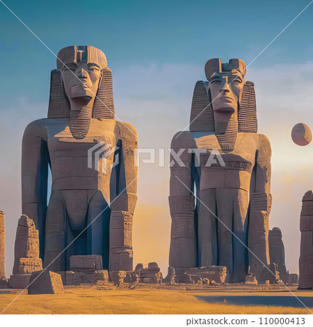 Ancient Colossi, two massive stone statues, ancient civilization, Egypt 110000413
