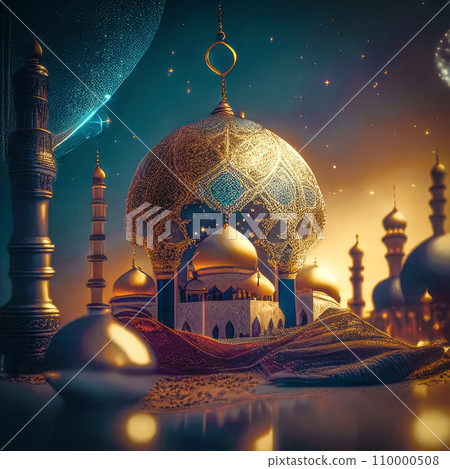 Islamic lantern, crescent over mosque for Ramadan Kareem and Eid Mubarak. Islamic lantern, crescent over mosque for Ramadan Kareem and Eid Mubarak. 110000508