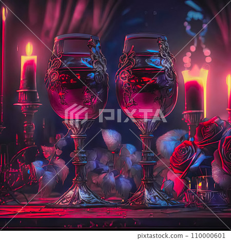 Two glasses of red wine, candles and roses on the table Two glasses of red wine, candles and roses on the table 110000601