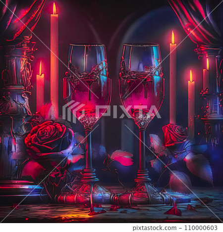 Two glasses of red wine, candles and roses on the table Two glasses of red wine, candles and roses on the table 110000603