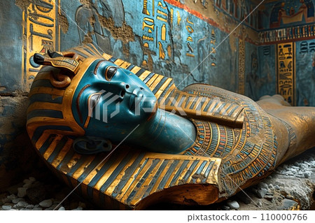 sarcophagus with egyptian mummy on a colorful hieroglyphs wall background inside a tomb in a pyramid secret chamber sarcophagus with egyptian mummy on a colorful hieroglyphs wall background inside a tomb in a pyramid secret chamber 110000766