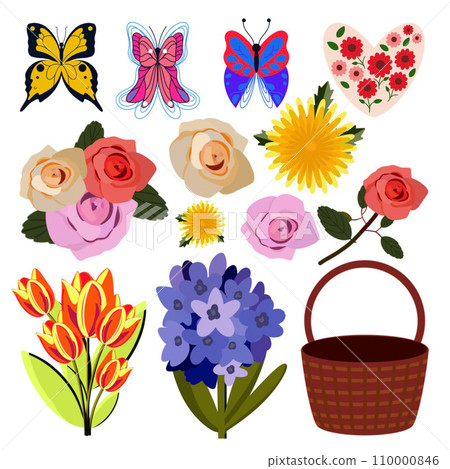 set of brown basket with spring flowers, butterflies hand-painted illustration on a white background. 110000846