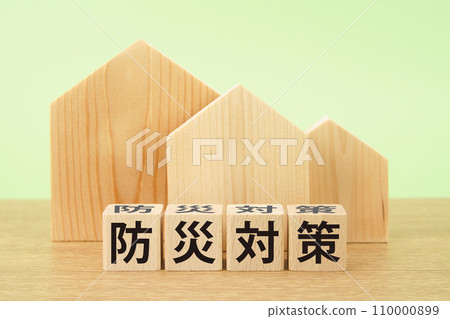 Disaster prevention measures written on a house model and building blocks 110000899