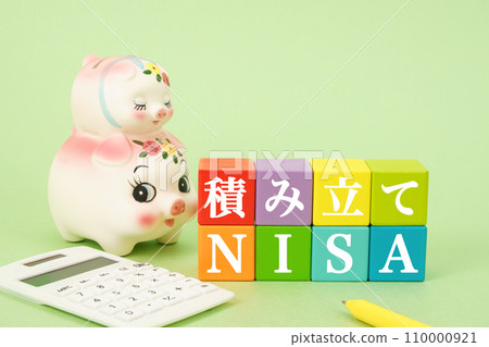 NISA 圖片：色彩繽紛的積木和互相凝視的豬一家（存錢罐） 110000921