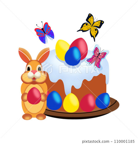 illustration of a rabbit, Easter cake with Easter eggs and butterflies hand-drawn on a white background illustration of a rabbit, Easter cake with Easter eggs and butterflies hand-drawn on a white background 110001185