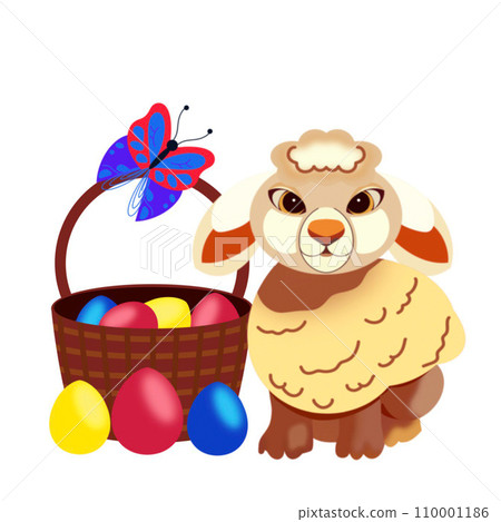 illustration of a lamb, wicker brown basket with Easter eggs and colorful butterflies hand-drawn on a white background illustration of a lamb, wicker brown basket with Easter eggs and colorful butterflies hand-drawn on a white background 110001186
