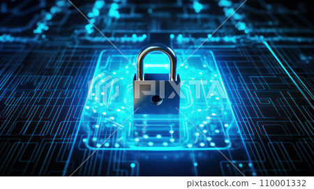 Cybersecurity and privacy concept of data protection features an up-close of a computer motherboard, emphasizing safety with a prominent lock symbol. Generative AI 110001332