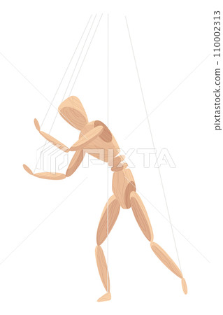 Wooden marionette with joints. Wood human anatomy, statue doll or handmade puppet theater toy men figure. Dummy or mannequin at control rope, vector illustration 110002313