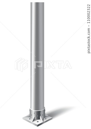 Metal pole pillar. Steel pipe bolted on flat base. Steel vertical cylinder footing for road sign, banner, billboard, isolated on white background. Vector illustration 110002322