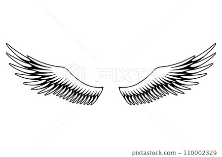 Wings sketch. Stylized birds wings. Hand drawn contoured stiker wing in open position. Vector design elements in coloring style 110002329