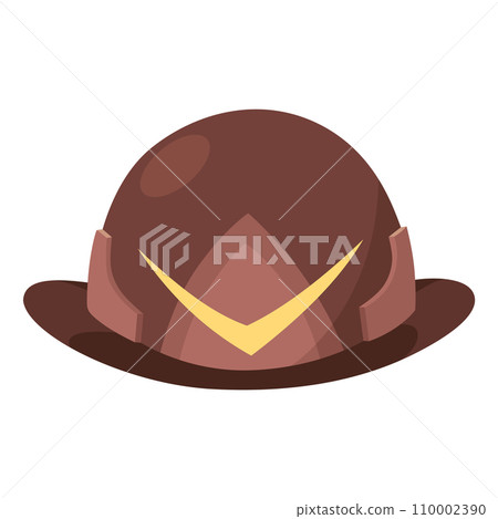 Fireman helmet icon, front view. Hat of firefighter with metal emblemsor logo. Brown fireman cup, uniform headwear. Vector illustration isolated on white 110002390
