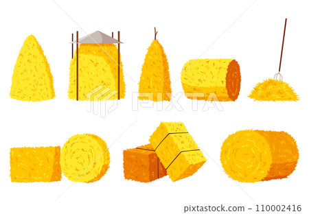 Collection of hays. Flat vector illustration dried haystacks with fork. Rolls of hay. A supply of feed for livestock, the object of agriculture. Farm straw bale nature agriculture 110002416