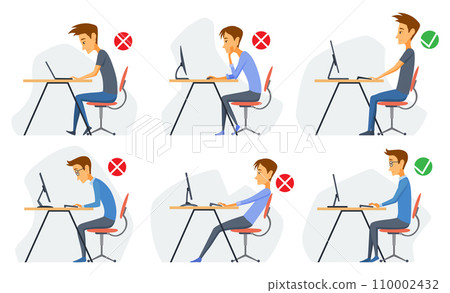 Correct body alignment in sitting working with computer. Wrong posture cause office syndrome and back pain. Vector illustration set 110002432