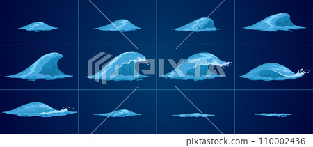 Animation water wave frame set. Water splash for animation and visual effects. Sea or ocean wave with drops or splatters. Cartoon vector illustration 110002436