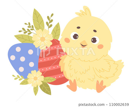 Cute little chick with Easter eggs. Vector illustration. Kids holiday collection. Cute little chick with Easter eggs. Vector illustration. Kids holiday collection. 110002639