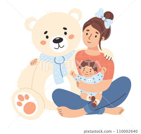 Happy woman with small child hugs large white teddy bear toy. Cute female character mother with baby. Vector illustration in flat style. 110002640