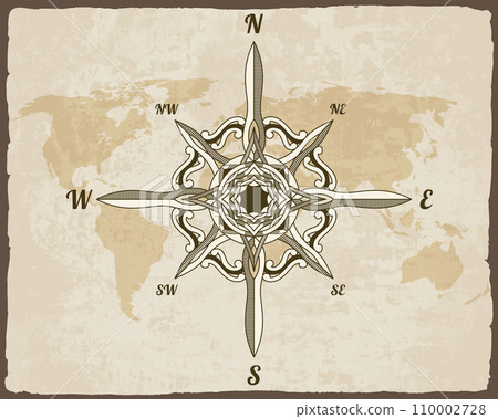 Retro nautical compass. Hand drawn wind rose on map background. Old vector design element for marine theme and heraldry. Vintage rose of wind for sea marine navigation 110002728