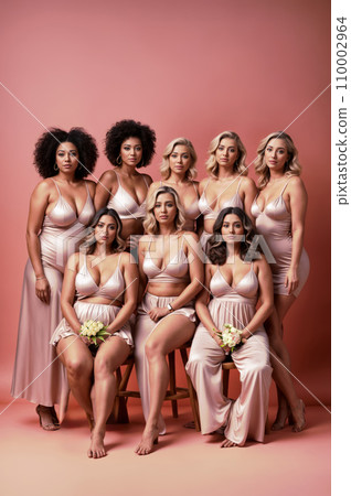 In a harmonious display of body positivity, a group of women confidently pose together wearing lingerie in various shades. They represent diverse body types and skin tones. 110002964