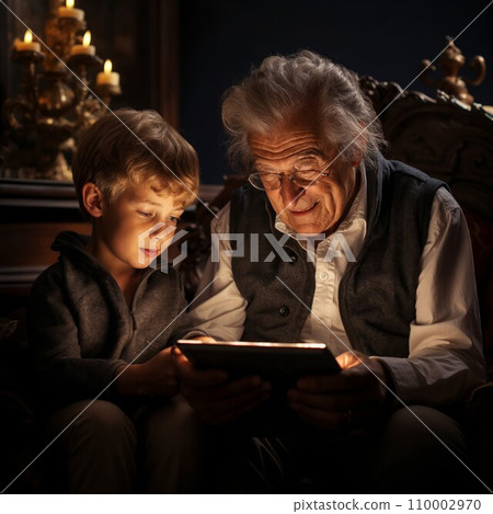 Grandfather and grandson on the sofa use a tablet to view photos. Grandfather and grandson on the sofa use a tablet to view photos. 110002970