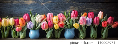 Fresh multicolored tulips arranged in a row on rustic rustic wooden boards. Concept spring flowers with copy paste. 110002971