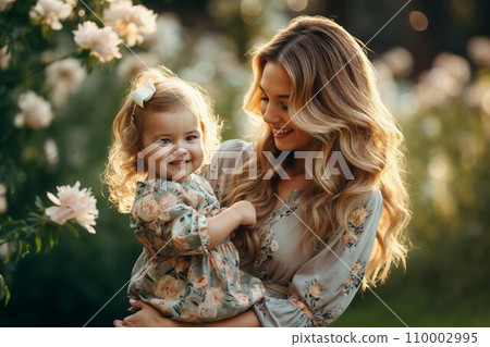 Mom with her baby outdoors, in beautiful Spring day Mom with her baby outdoors, in beautiful Spring day 110002995