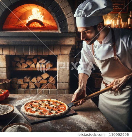A pizzaiolo inserting a pizza into a wood-fired oven A pizzaiolo inserting a pizza into a wood-fired oven 110002996