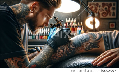 Photo capturing the process of a skilled tattoo artist creating a masterpiece on a client's skin, set in a professional tattoo studio. 110002997