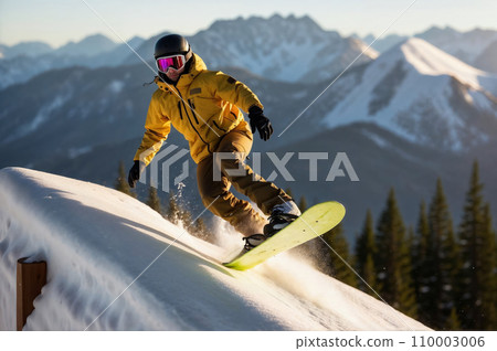 Dramatic photo of a snowboarder executing an intricate trick on a snowy slope, capturing the speed and agility required for extreme snowboarding 110003006
