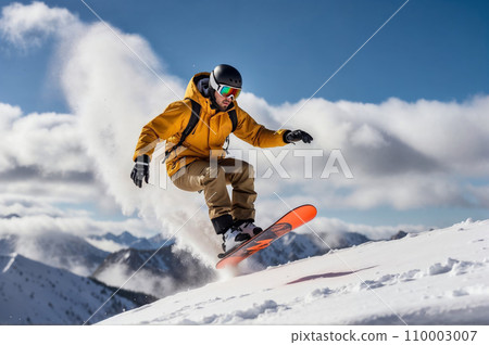 Dramatic photo of a snowboarder executing an intricate trick on a snowy slope, capturing the speed and agility required for extreme snowboarding Dramatic photo of a snowboarder executing an intricate trick on a snowy slope, capturing the speed and agility required for extreme snowboarding 110003007